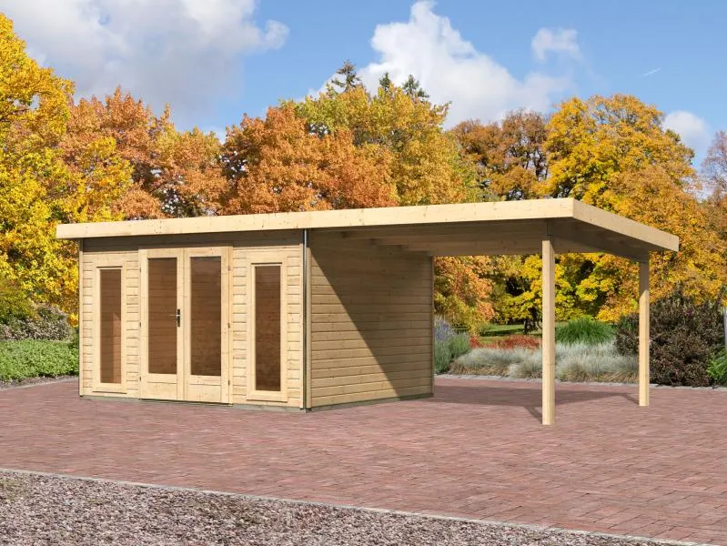 Karibu Gartenhaus Radeburg 2 natur 38 mm mit Anbaudach 3,3 m
