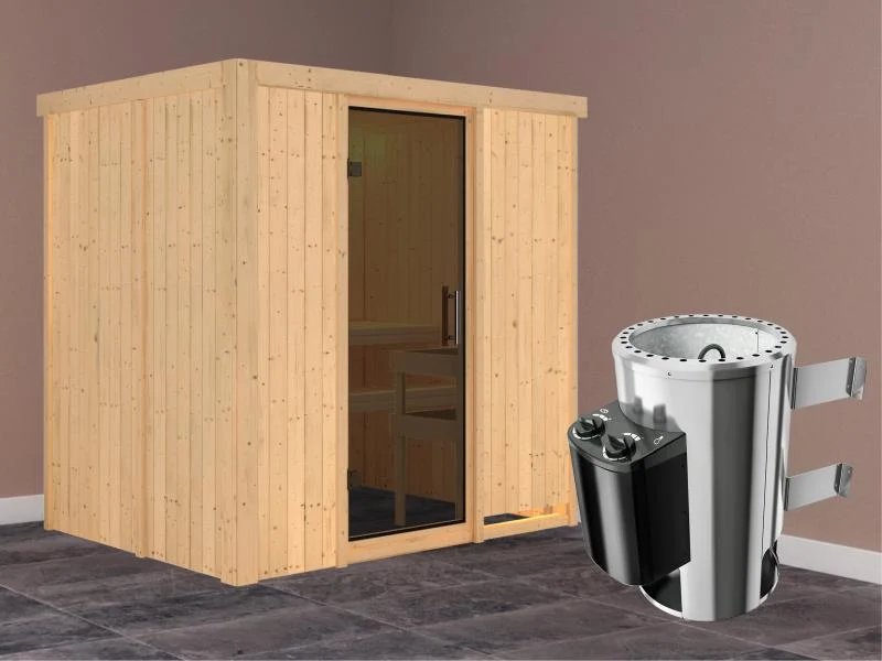 Fanja - Karibu Sauna Plug & Play 3,6 kW Ofen, int. Steuerung - ohne Dachkranz - Moderne Saunatür