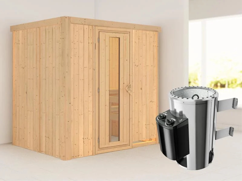 Fanja - Karibu Sauna Plug & Play 3,6 kW Ofen, int. Steuerung - ohne Dachkranz - Energiespartür
