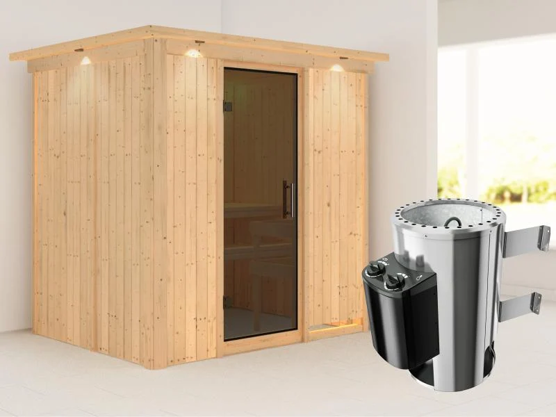 Fanja - Karibu Sauna Plug & Play 3,6 kW Ofen, int. Steuerung - mit Dachkranz - Moderne Saunatür