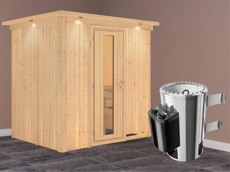 Fanja - Karibu Sauna Plug & Play 3,6 kW Ofen, int. Steuerung - mit Dachkranz - Energiespartür