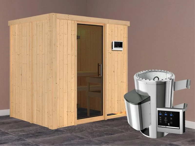 Fanja - Karibu Sauna Plug & Play 3,6 kW Ofen, ext. Steuerung - ohne Dachkranz - Moderne Saunatür