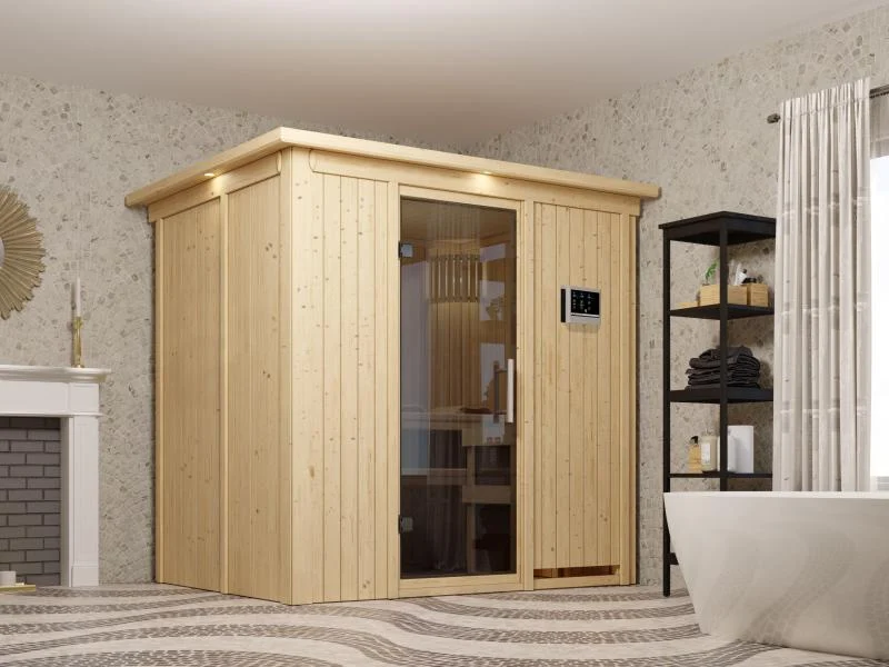 Fanja - Karibu Sauna Plug & Play 3,6 kW Ofen, ext. Steuerung - mit Dachkranz - Moderne Saunatür