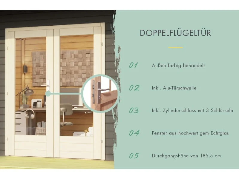 Karibu Gartenhaus Radeburg 3 terragrau mit Anbaudach 3,3 m und Rückwand