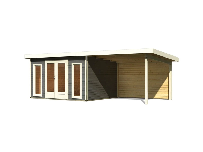 Karibu Gartenhaus Radeburg 2 terragrau mit Anbaudach 3,3 m und Rückwand