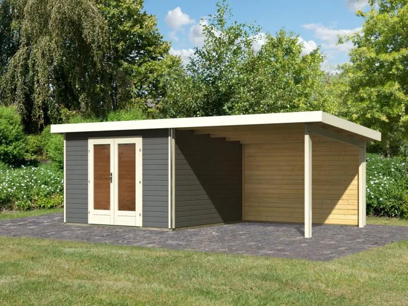 Karibu Gartenhaus Radeburg 1 terragrau mit Anbaudach 3,3 m inkl. Rückwand