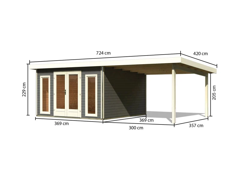 Karibu Gartenhaus Radeburg 3 terragrau mit Anbaudach 3,3 m
