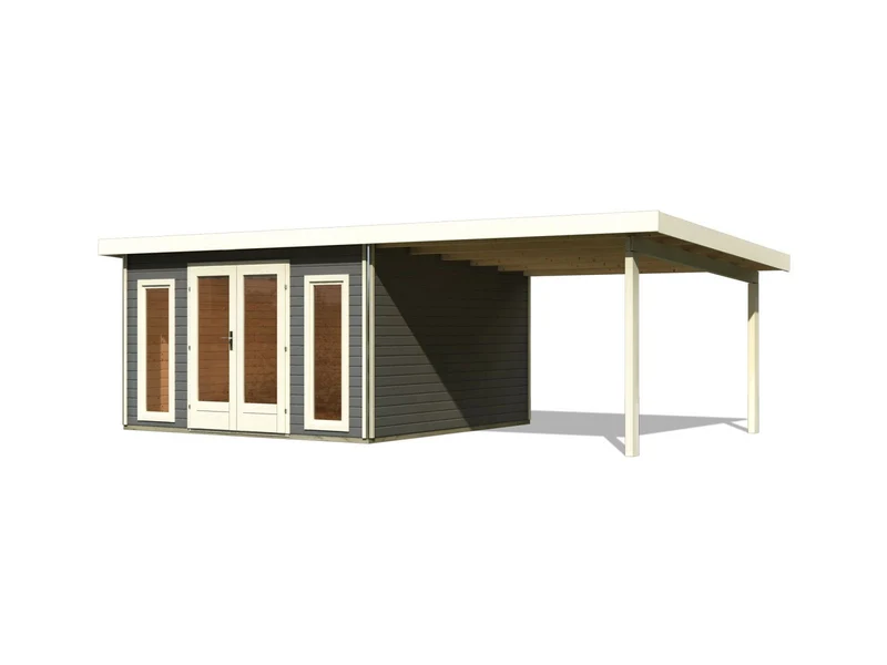Karibu Gartenhaus Radeburg 3 terragrau mit Anbaudach 3,3 m
