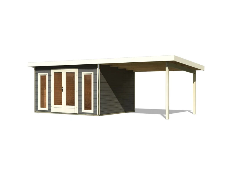 Karibu Gartenhaus Radeburg 2 terragrau 38 mm mit Anbaudach 3,3 m