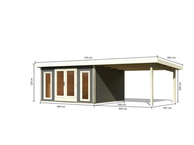 Karibu Gartenhaus Radeburg 2 terragrau 38 mm mit Anbaudach 3,3 m