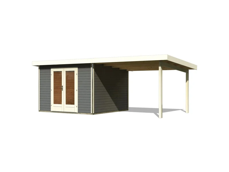 Karibu Gartenhaus Radeburg 1 terragrau mit Anbaudach 3,3 m