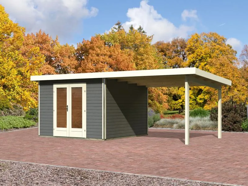 Karibu Gartenhaus Radeburg 1 terragrau mit Anbaudach 3,3 m