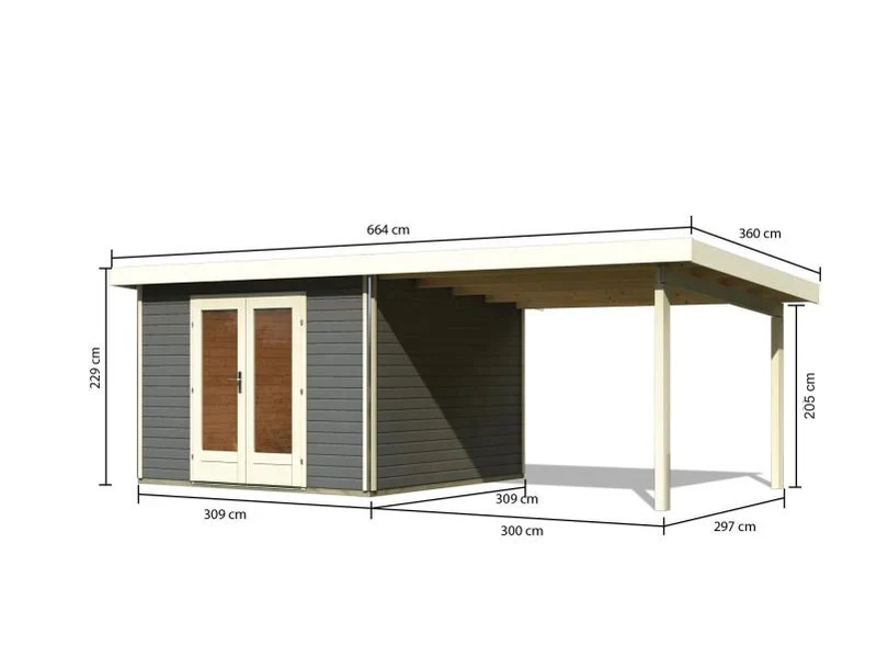 Karibu Gartenhaus Radeburg 1 terragrau mit Anbaudach 3,3 m