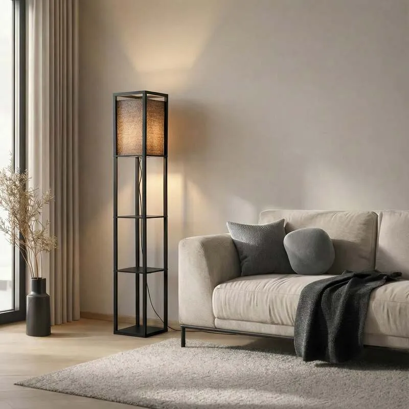 B-Ware Lindby Stehleuchte Birta Regal Lampe LED Holz schwarz 159cm Höhe Ablageflächen