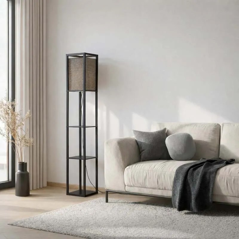 B-Ware Lindby Stehleuchte Birta Regal Lampe LED Holz schwarz 159cm Höhe Ablageflächen