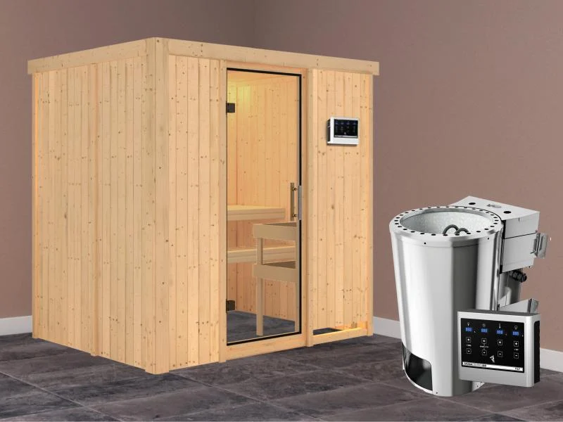 Fanja - Karibu Sauna Plug & Play 3,6 kW Bio Ofen, ext. Steuerung - ohne Dachkranz - Klarglas Ganzgla
