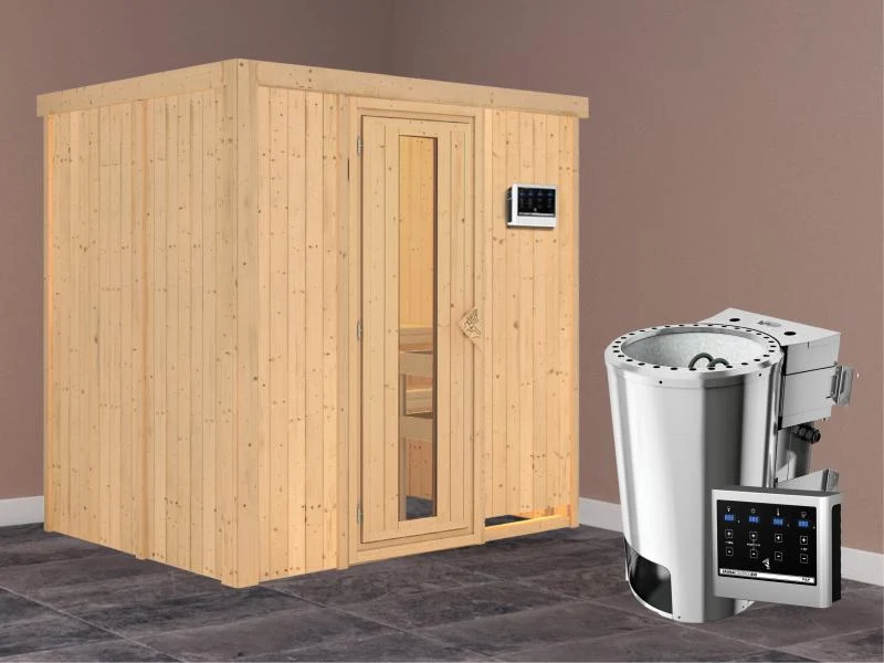 Fanja - Karibu Sauna Plug & Play 3,6 kW Bio Ofen, ext. Steuerung - ohne Dachkranz - Energiespartür