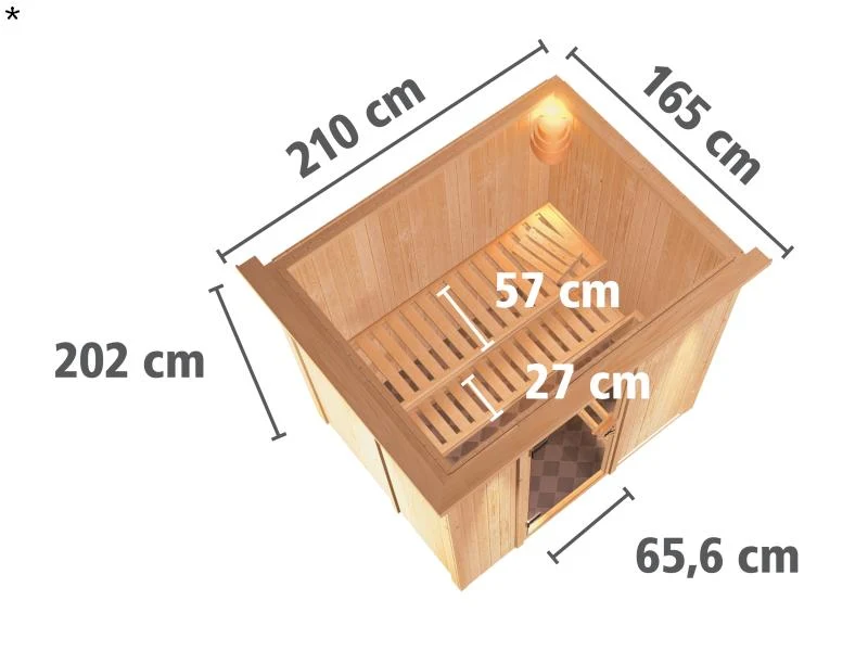 Fanja - Karibu Sauna Plug & Play 3,6 kW Bio Ofen, ext. Steuerung - mit Dachkranz - Moderne Saunatür