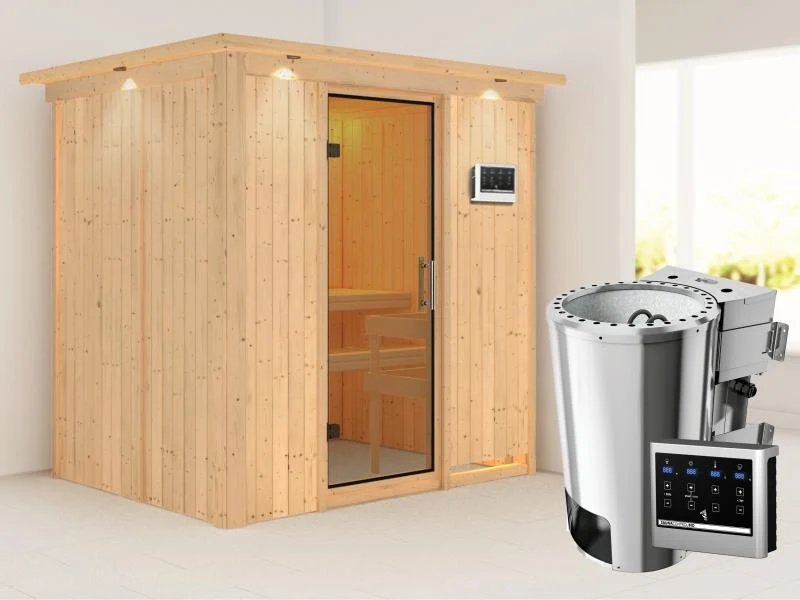 Fanja - Karibu Sauna Plug & Play 3,6 kW Bio Ofen, ext. Steuerung - mit Dachkranz - Klarglas Ganzglas