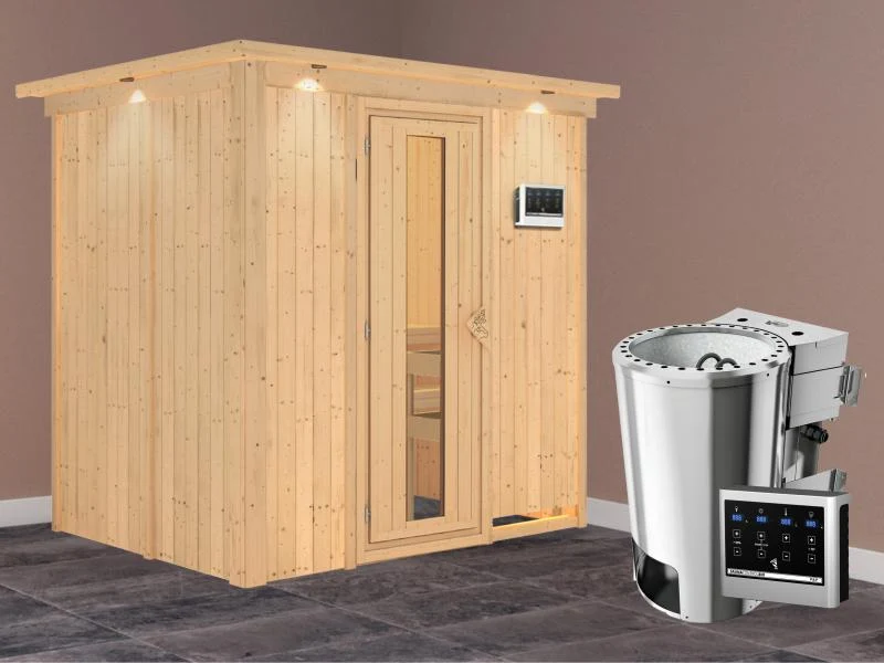 Fanja - Karibu Sauna Plug & Play 3,6 kW Bio Ofen, ext. Steuerung - mit Dachkranz - Energiespartür