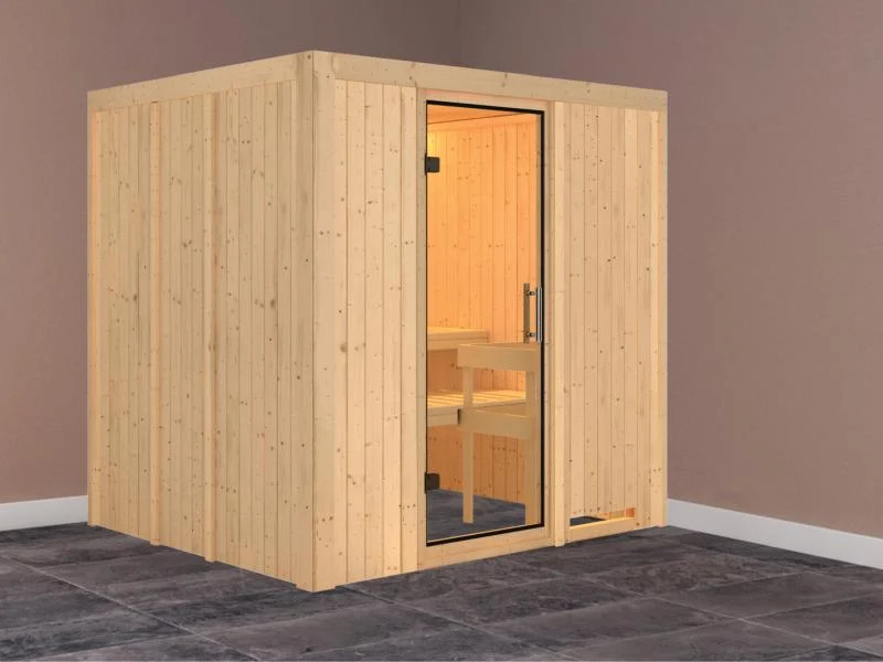 Daria - Karibu Sauna Plug & Play ohne Ofen - ohne Dachkranz - Klarglas Ganzglastür