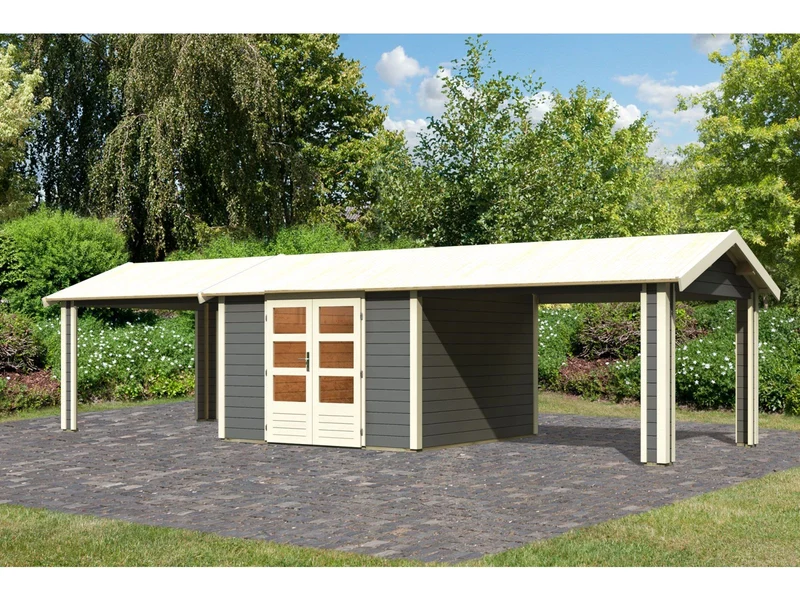 Karibu Gartenhaus Theres 7 terragrau- 2 Dachbausbauelemente