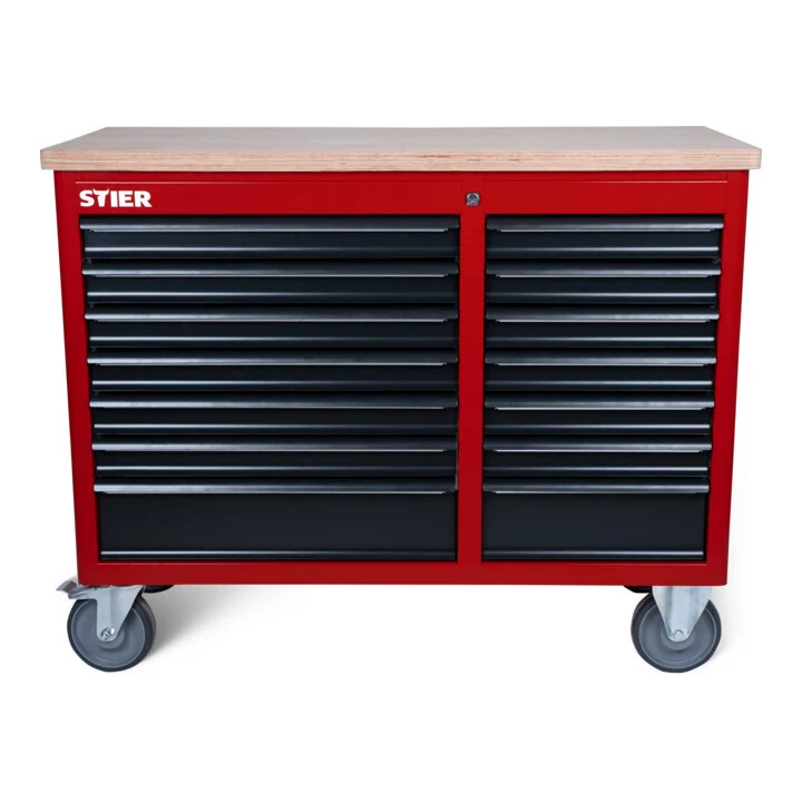 B-Ware STIER mobile Werkbank XXL mit 14 Schubladen, Werkzeugwagen, rot, 93x115x52cm
