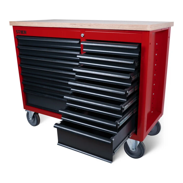 B-Ware STIER mobile Werkbank XXL mit 14 Schubladen, Werkzeugwagen, rot, 93x115x52cm