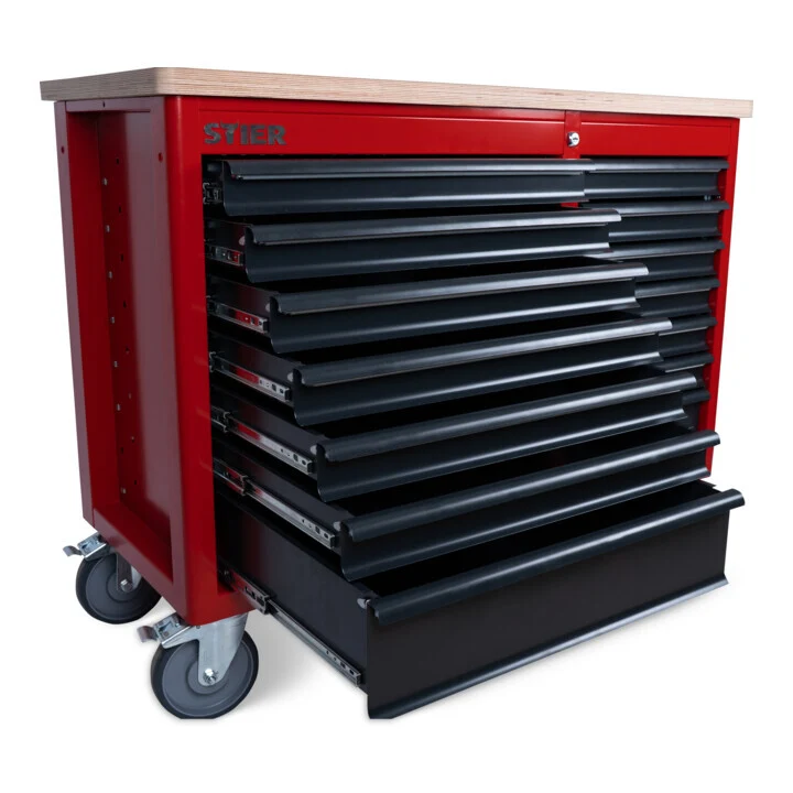 B-Ware STIER mobile Werkbank XXL mit 14 Schubladen, Werkzeugwagen, rot, 93x115x52cm