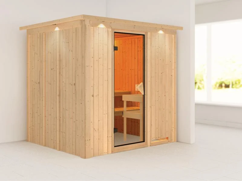 Daria - Karibu Sauna Plug & Play ohne Ofen - mit Dachkranz -