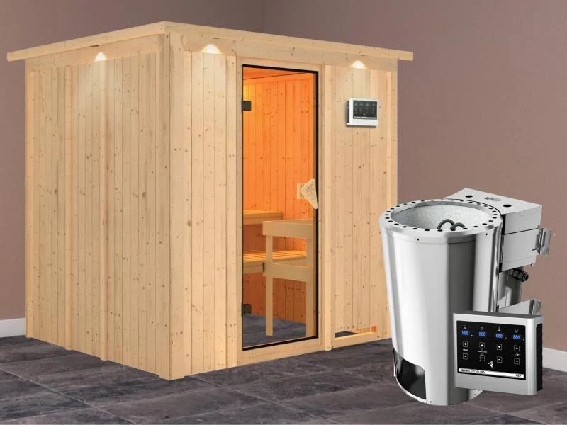 Daria - Karibu Sauna Plug & Play inkl. 3,6 kW-Bioofen - mit Dachkranz -
