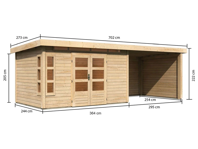 Karibu Gartenhaus Kastorf 7 - natur mit Anbaudach 3,2 m und 28 mm Seiten- und Rückwand