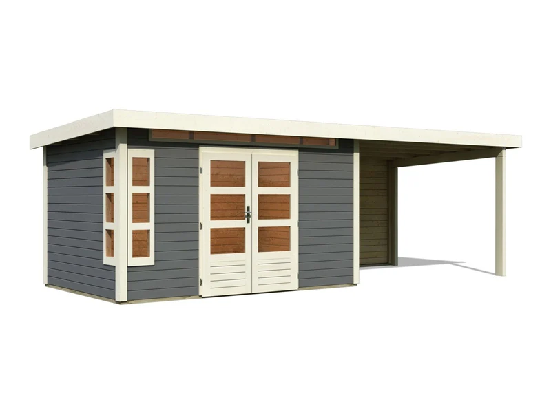 Karibu Gartenhaus Kastorf 7 - terragrau mit Anbaudach 3,2 m und 28 mm Rückwand