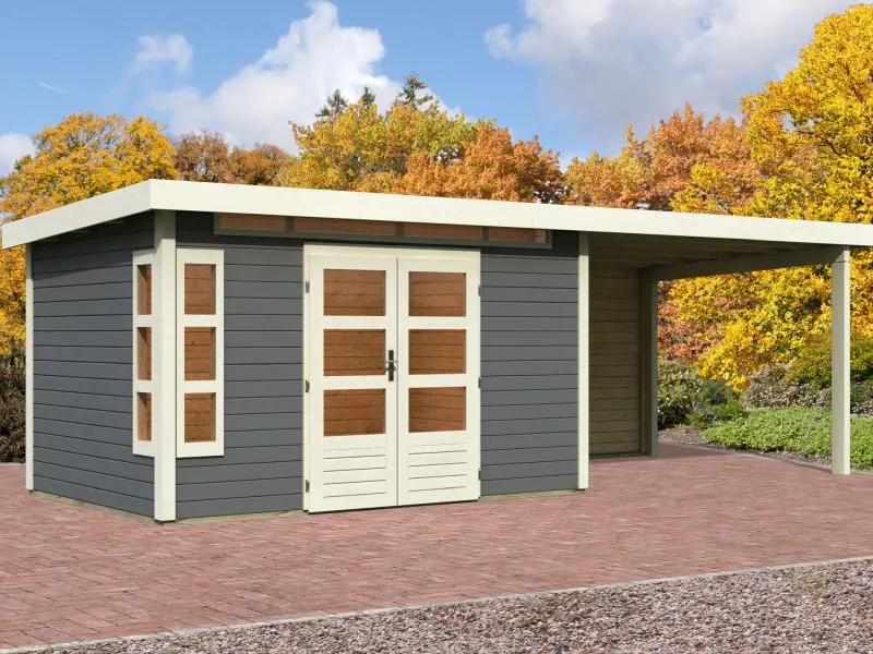 Karibu Gartenhaus Kastorf 7 - terragrau mit Anbaudach 3,2 m und 28 mm Rückwand