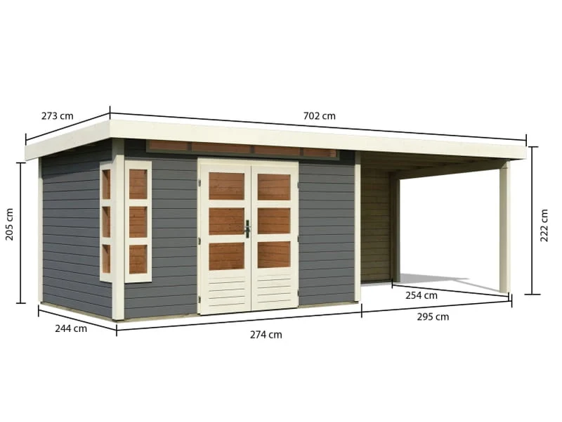 Karibu Gartenhaus Kastorf 7 - terragrau mit Anbaudach 3,2 m und 28 mm Rückwand