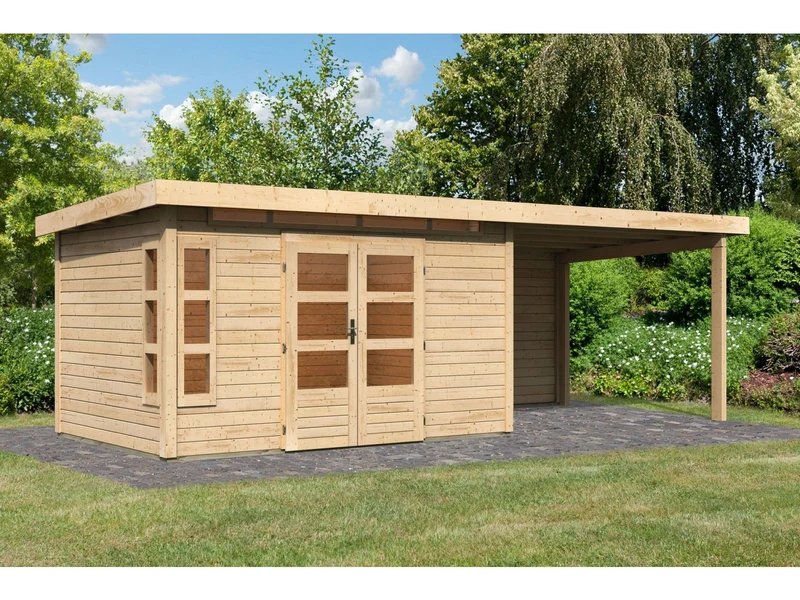 Karibu Gartenhaus Kastorf 7 - natur mit Anbaudach 3,2 m und 28 mm Rückwand