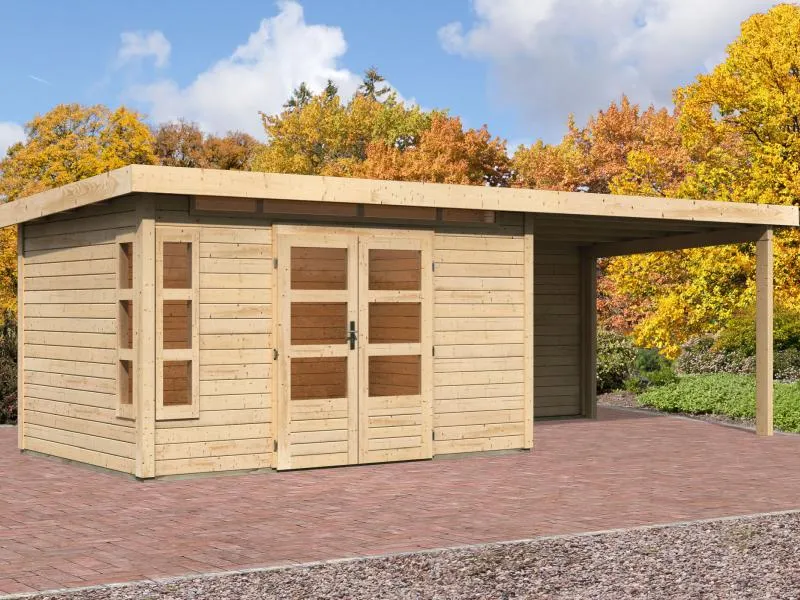Karibu Gartenhaus Kastorf 7 - natur mit Anbaudach 3,2 m und 28 mm Rückwand