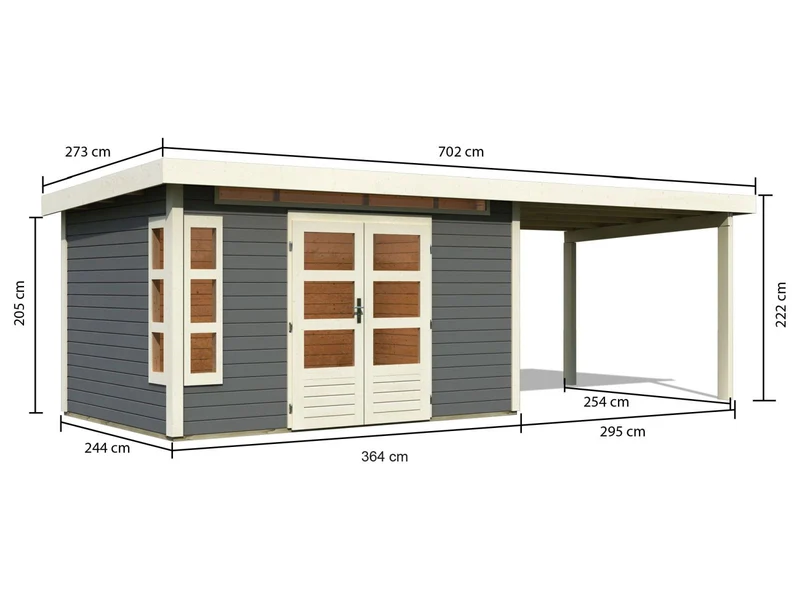 Karibu Gartenhaus Kastorf 7 - terragrau mit Anbaudach 3,2 m