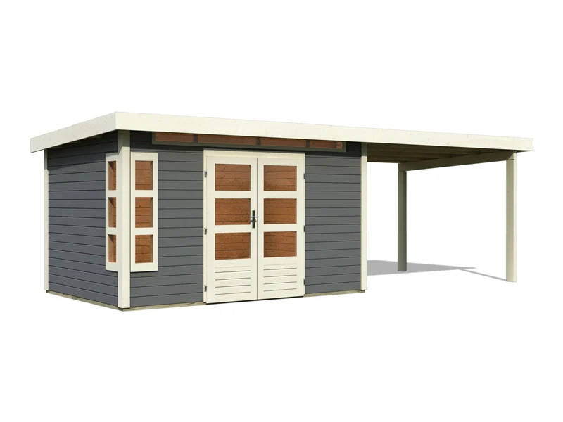 Karibu Gartenhaus Kastorf 7 - terragrau mit Anbaudach 3,2 m