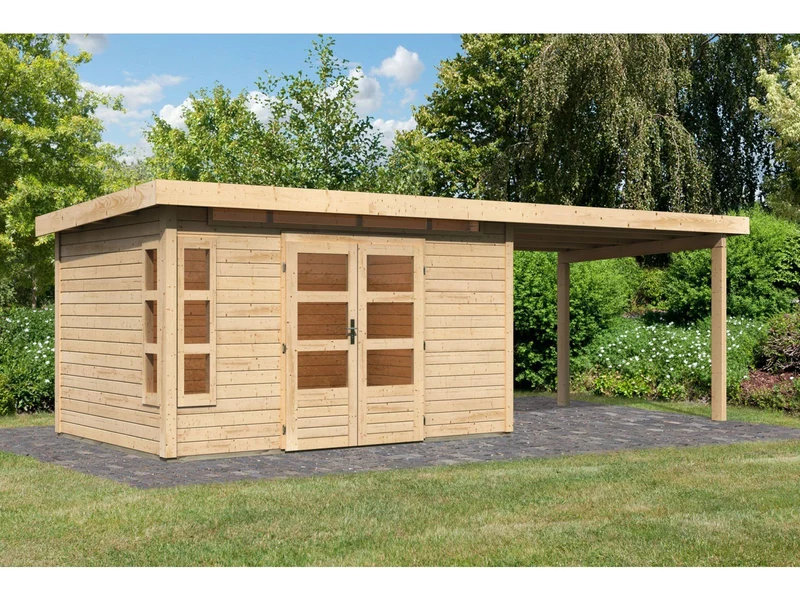 Karibu Gartenhaus Kastorf 7 - natur mit Anbaudach 3,2 m