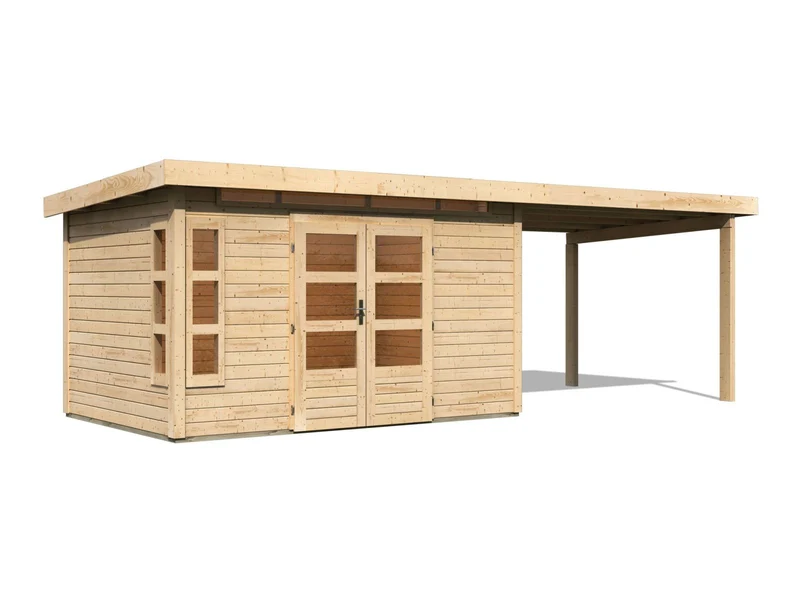Karibu Gartenhaus Kastorf 7 - natur mit Anbaudach 3,2 m