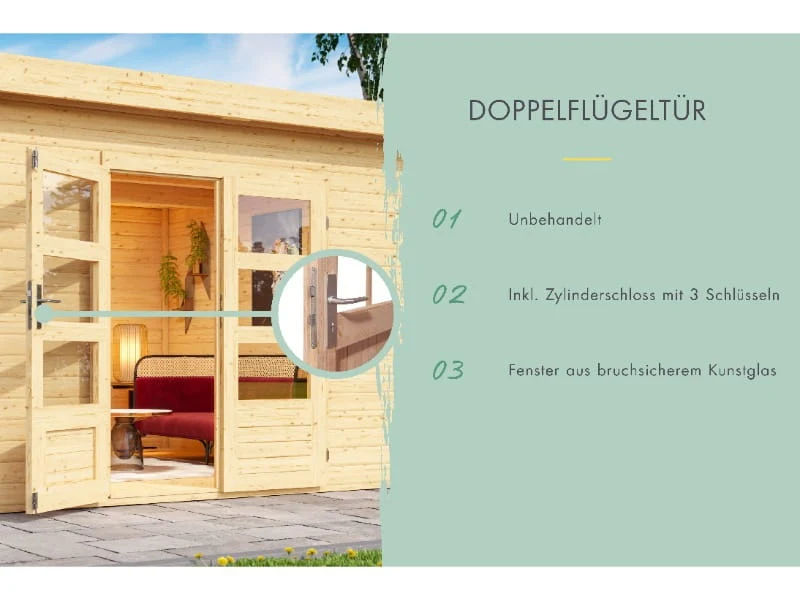 Karibu Gartenhaus Kastorf 7 - natur mit Anbaudach 3,2 m