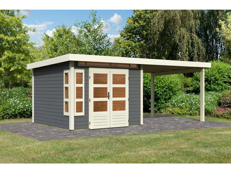 Karibu Gartenhaus Kastorf 6 - 28 mm terragrau mit Anbaudach 3,2 m