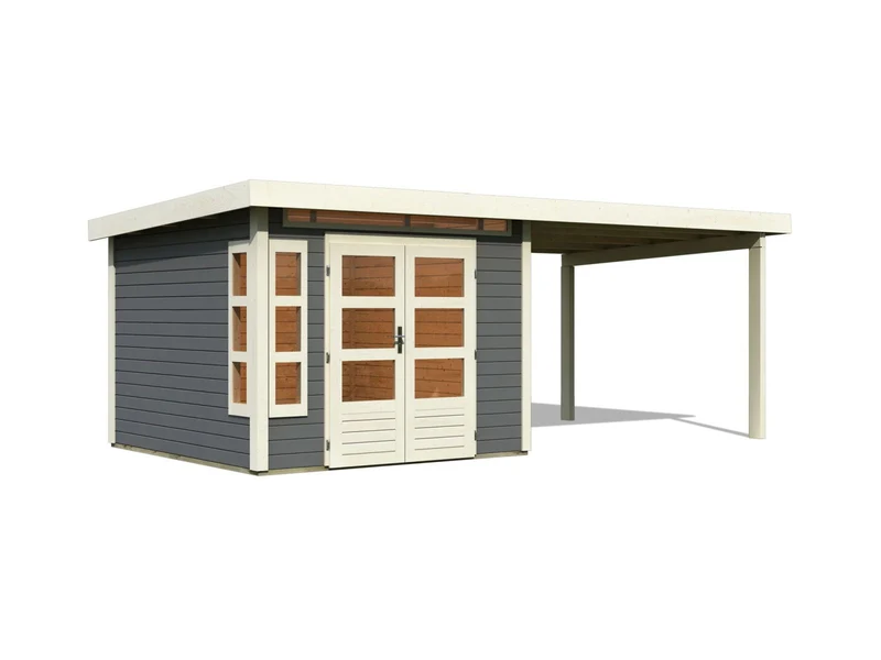 Karibu Gartenhaus Kastorf 6 - 28 mm terragrau mit Anbaudach 3,2 m