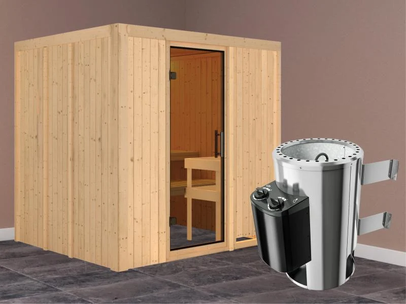 Daria - Karibu Sauna Plug & Play 3,6 kW Ofen, int. Steuerung - ohne Dachkranz - Moderne Saunatür