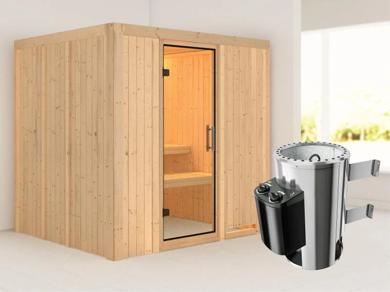 Daria - Karibu Sauna Plug & Play 3,6 kW Ofen, int. Steuerung - ohne Dachkranz - Klarglas Ganzglastür