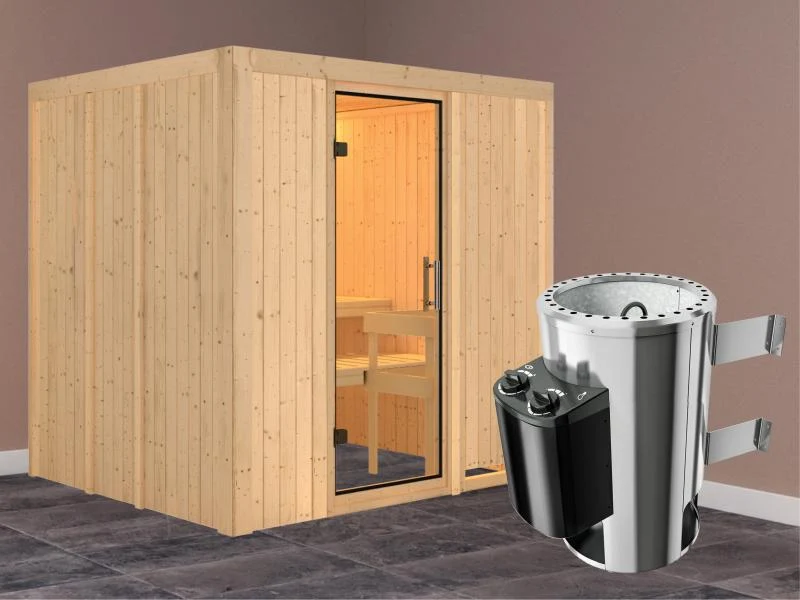Daria - Karibu Sauna Plug & Play 3,6 kW Ofen, int. Steuerung - ohne Dachkranz - Klarglas Ganzglastür