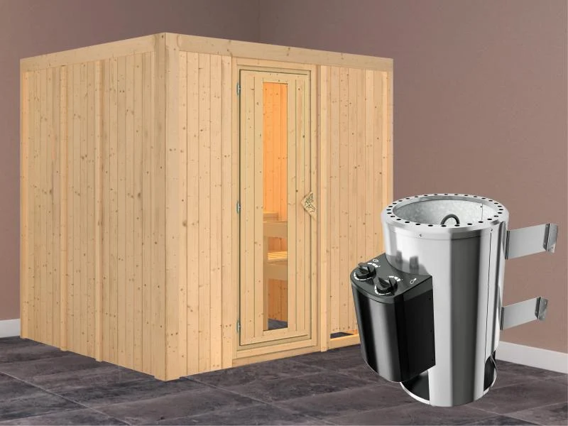 Daria - Karibu Sauna Plug & Play 3,6 kW Ofen, int. Steuerung - ohne Dachkranz - Energiespartür