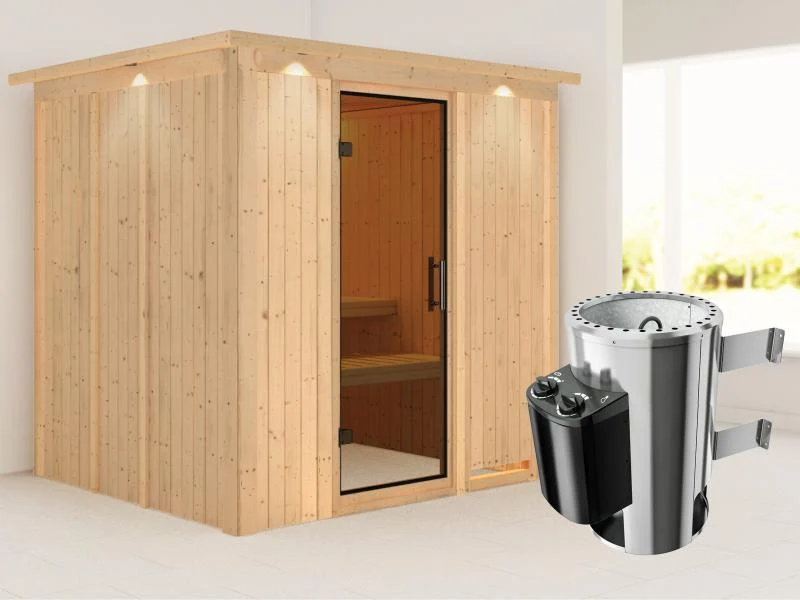 Daria - Karibu Sauna Plug & Play 3,6 kW Ofen, int. Steuerung - mit Dachkranz - Moderne Saunatür