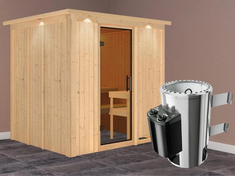 Daria - Karibu Sauna Plug & Play 3,6 kW Ofen, int. Steuerung - mit Dachkranz - Moderne Saunatür